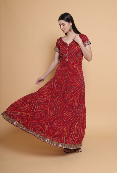 Destiny By Anjali Traditional Bandhani Long Suit with Pure Silk Dupatta - Classic Elegance in Every Thread."