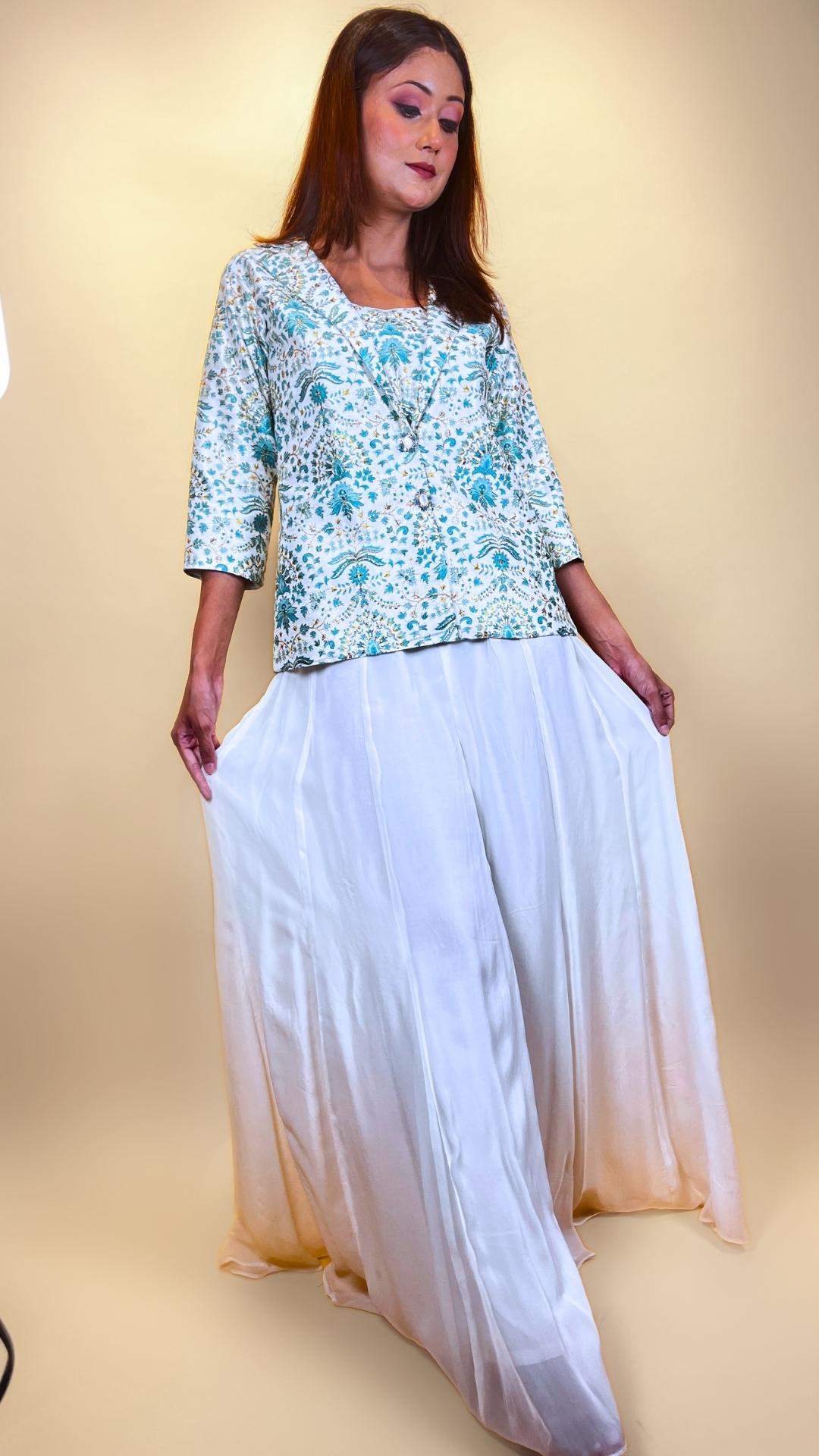 Sea Green Blazer and Bustier Set with Flared Sharara Pants