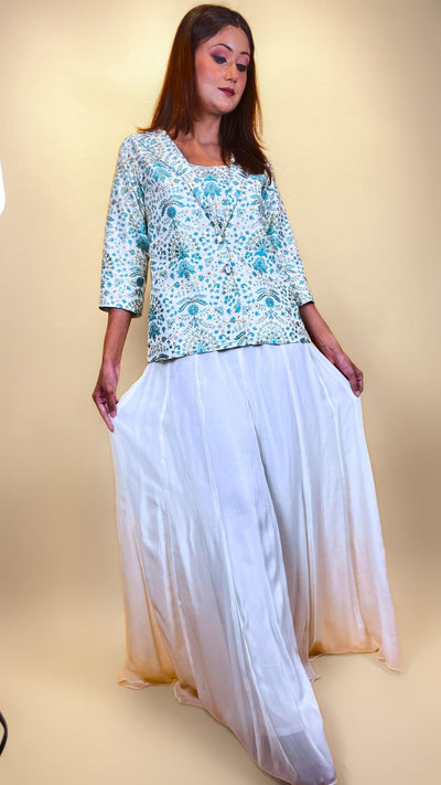 Sea Green Blazer and Bustier Set with Flared Sharara Pants