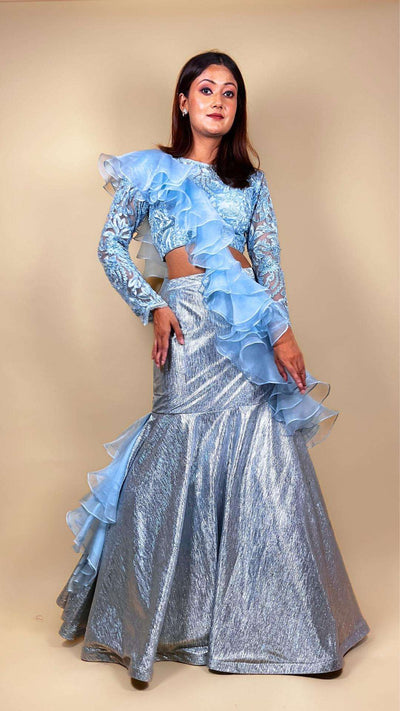 Destiny By Anjali Shiny Sky Blue Mermaid Lehenga Set - Embroidered Net Blouse, Silk Organza Ruffle Dupatta, Unique Designer Lehenga Set