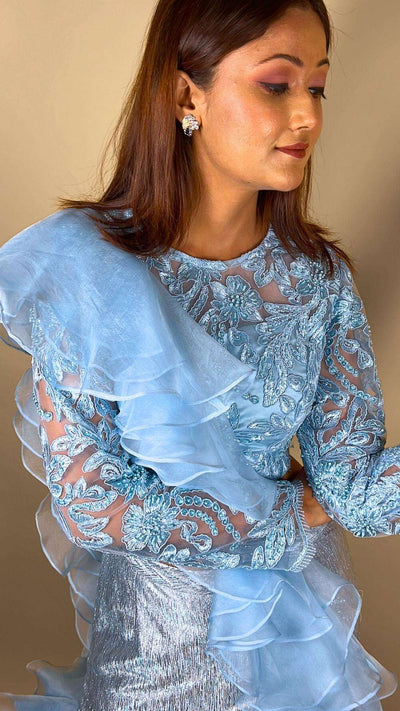 Destiny By Anjali Shiny Sky Blue Mermaid Lehenga Set - Embroidered Net Blouse, Silk Organza Ruffle Dupatta, Unique Designer Lehenga Set