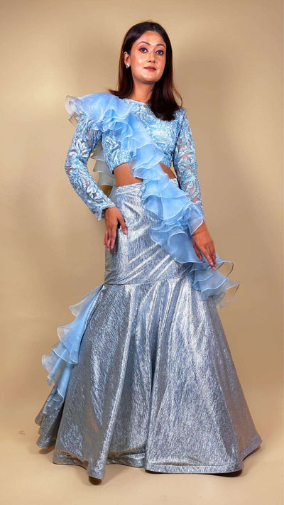Destiny By Anjali Shiny Sky Blue Mermaid Lehenga Set - Embroidered Net Blouse, Silk Organza Ruffle Dupatta, Unique Designer Lehenga Set