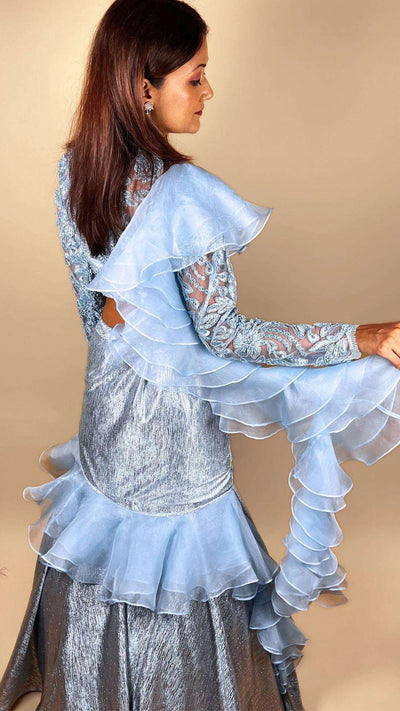 Destiny By Anjali Shiny Sky Blue Mermaid Lehenga Set - Embroidered Net Blouse, Silk Organza Ruffle Dupatta, Unique Designer Lehenga Set