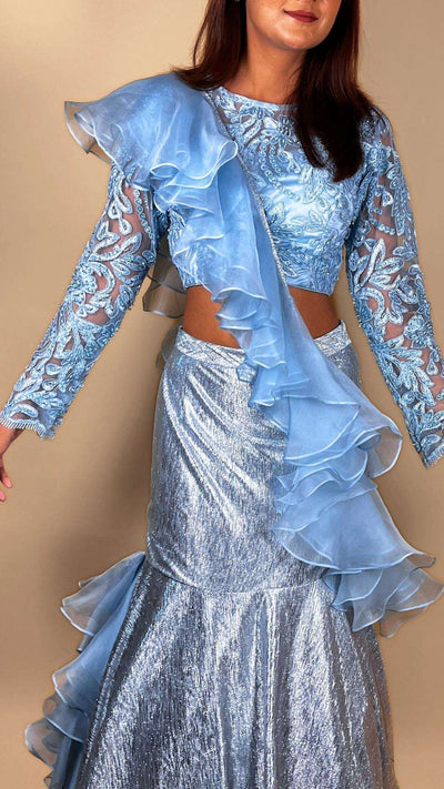Destiny By Anjali Shiny Sky Blue Mermaid Lehenga Set - Embroidered Net Blouse, Silk Organza Ruffle Dupatta, Unique Designer Lehenga Set