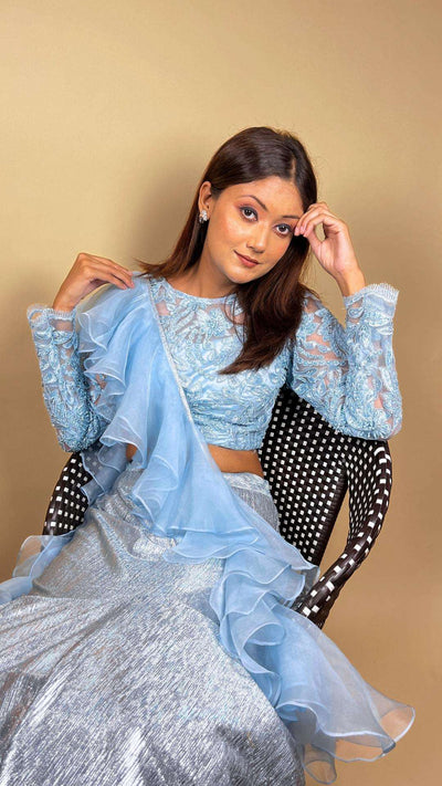 Destiny By Anjali Shiny Sky Blue Mermaid Lehenga Set - Embroidered Net Blouse, Silk Organza Ruffle Dupatta, Unique Designer Lehenga Set