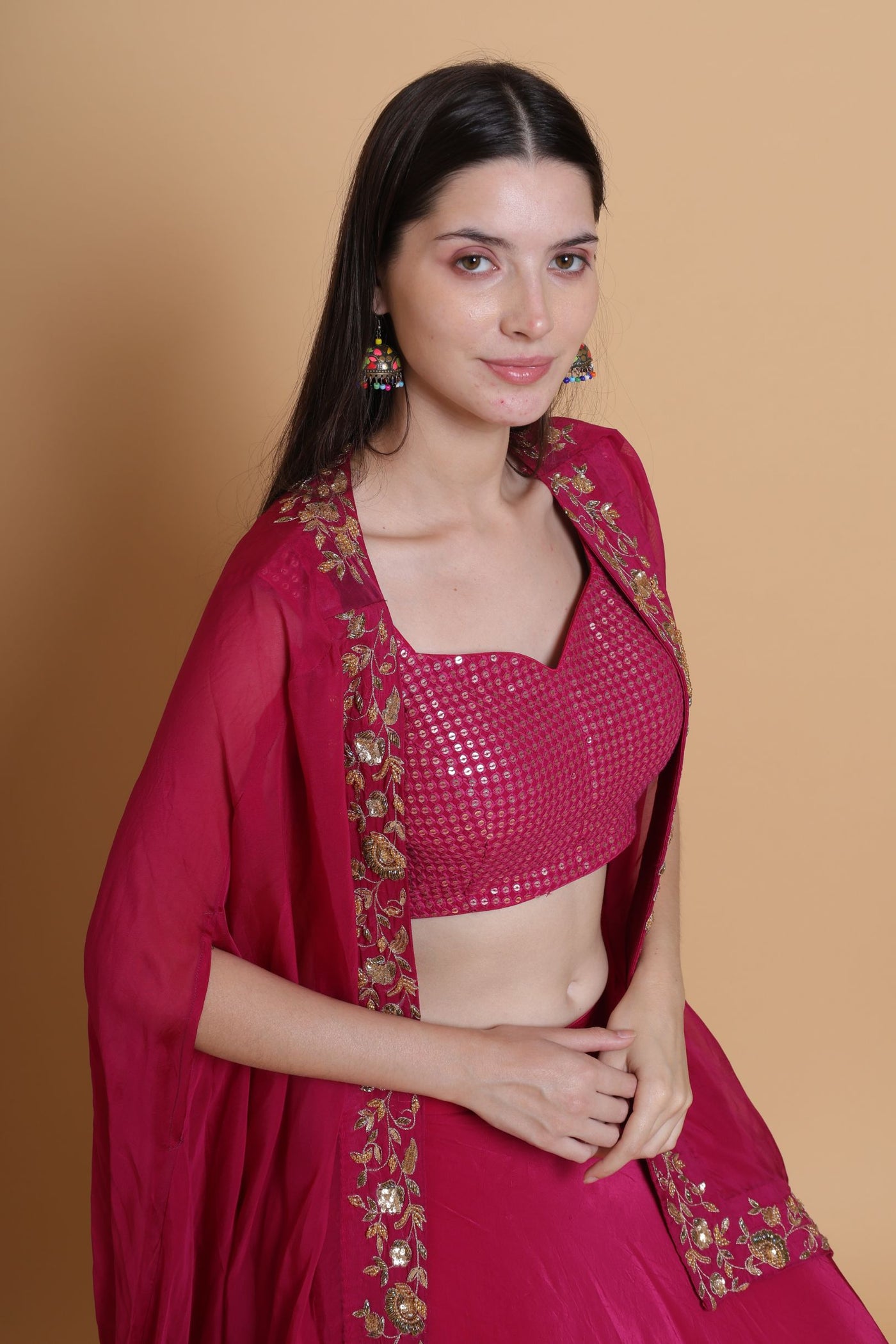 Destiny By Anjali Shiraz Maroon Cape Lehenga - Hand-Embroidered Dabka and Resham Work EnsembleDestiny By Anjali Shiraz Maroon Cape Lehenga - Hand-Embroidered Dabka and Resham Work Ensemble