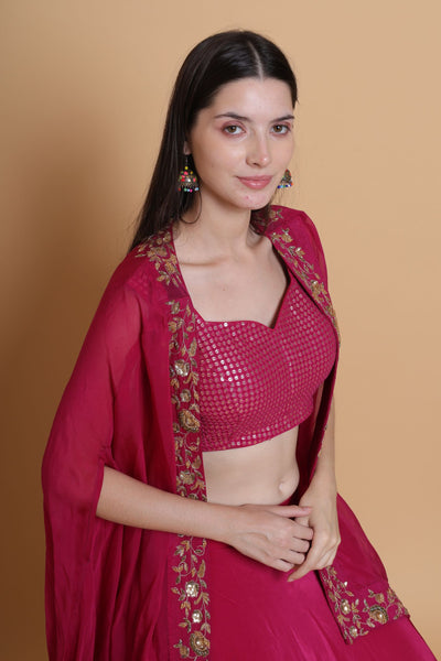 Destiny By Anjali Shiraz Maroon Cape Lehenga - Hand-Embroidered Dabka and Resham Work EnsembleDestiny By Anjali Shiraz Maroon Cape Lehenga - Hand-Embroidered Dabka and Resham Work Ensemble