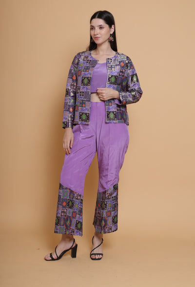 Destiny By Anjali Twitch Purple Jacket Style Coord Set - Jacquard Silk Three-Piece Ensemble