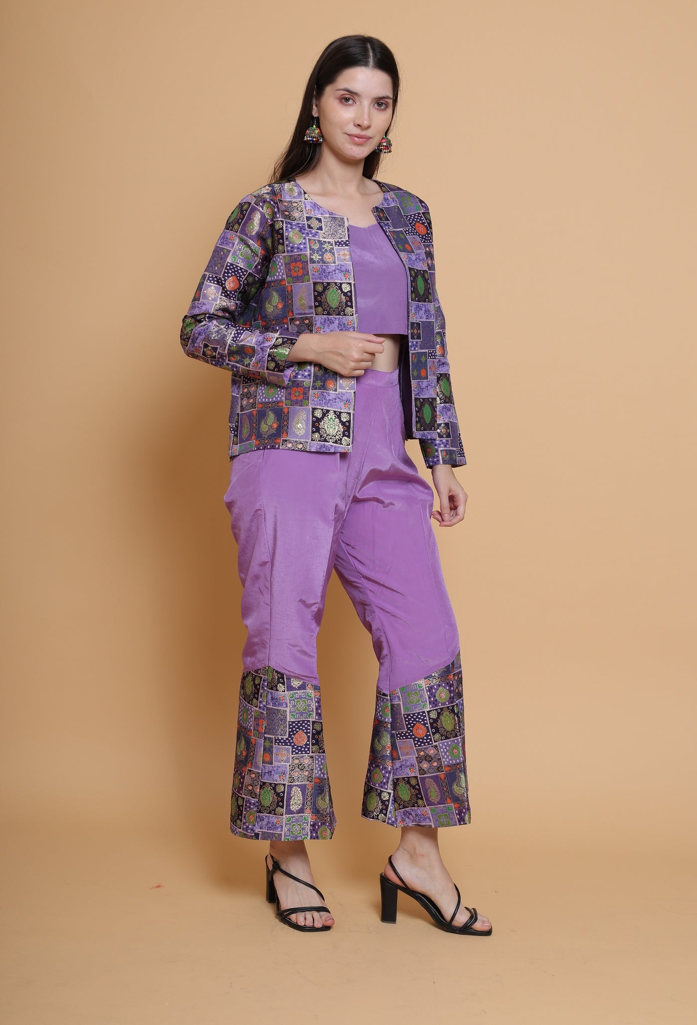 Destiny By Anjali Twitch Purple Jacket Style Coord Set - Jacquard Silk Three-Piece Ensemble