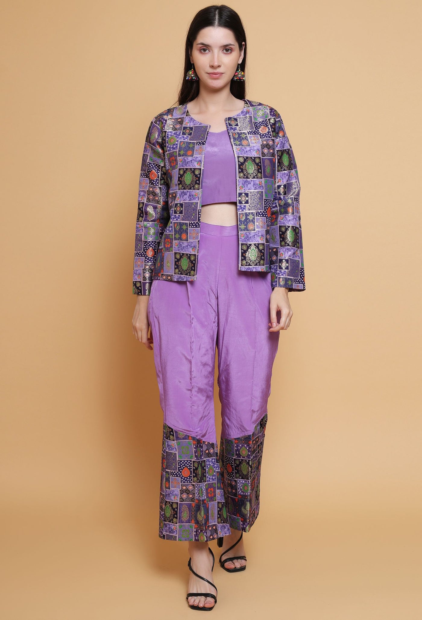 Destiny By Anjali Twitch Purple Jacket Style Coord Set - Jacquard Silk Three-Piece Ensemble