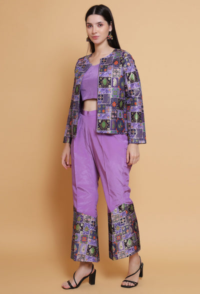 Destiny By Anjali Twitch Purple Jacket Style Coord Set - Jacquard Silk Three-Piece Ensemble