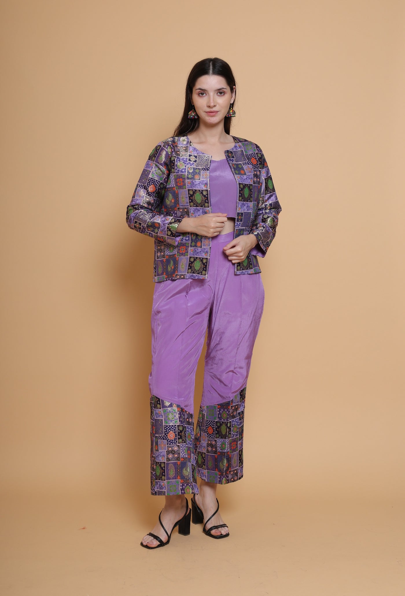 Destiny By Anjali Twitch Purple Jacket Style Coord Set - Jacquard Silk Three-Piece EnsembleDestiny By Anjali Twitch Purple Jacket Style Coord Set - Jacquard Silk Three-Piece Ensemble