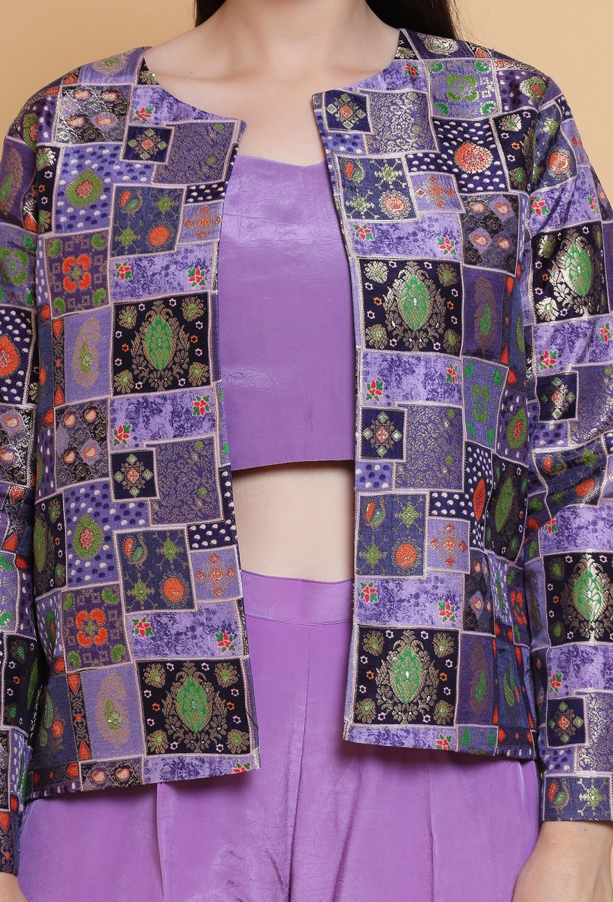 Destiny By Anjali Twitch Purple Jacket Style Coord Set - Jacquard Silk Three-Piece Ensemble