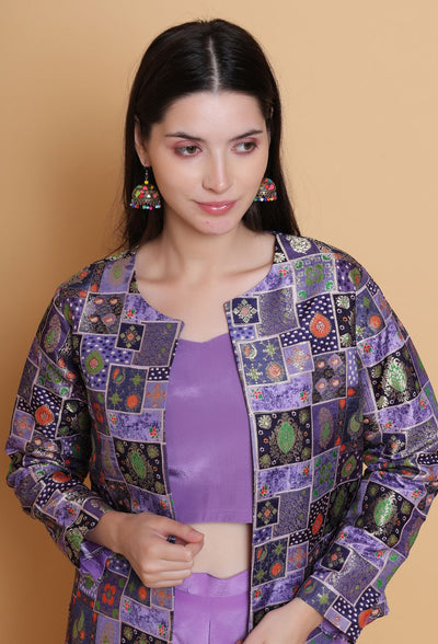 Destiny By Anjali Twitch Purple Jacket Style Coord Set - Jacquard Silk Three-Piece Ensemble
