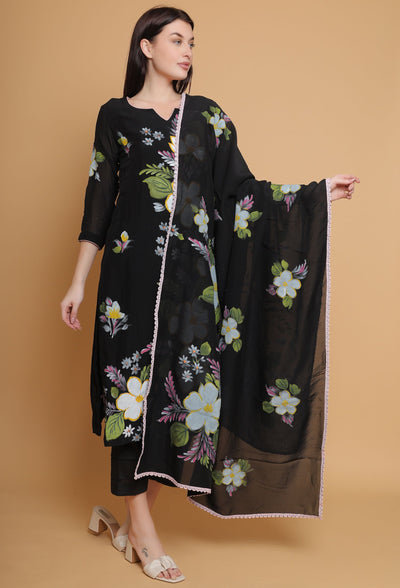 Artistic Hand-Painted Black Floral Suit by Destiny By Anjali - Pure Organza Elegance with Unique Floral Design, Meticulously Handcrafted, Fully Lined and Stitched, Embodies Timeless Traditional Women's Fashion