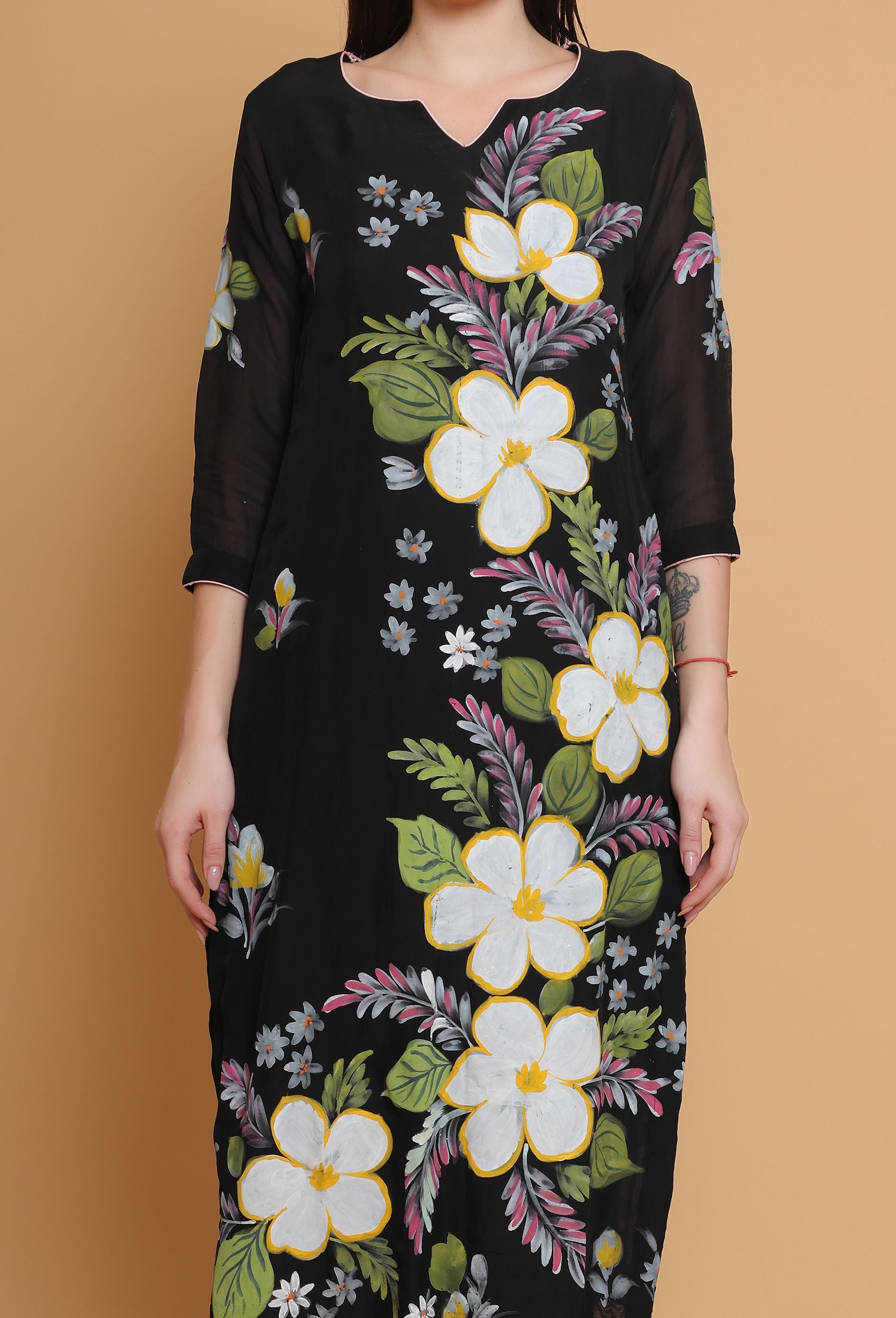 Floral Printed Faux Georgette Nyra Cut Kurti in Black (S) - Ucchal Fashion
