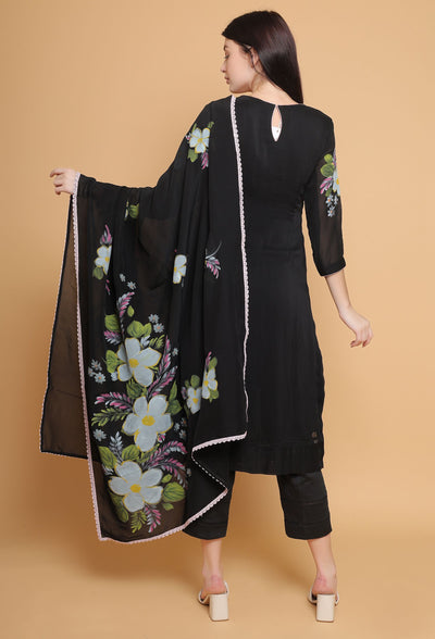 Artistic Hand-Painted Black Floral Suit by Destiny By Anjali - Pure Organza Elegance with Unique Floral Design, Meticulously Handcrafted, Fully Lined and Stitched, Embodies Timeless Traditional Women's Fashion