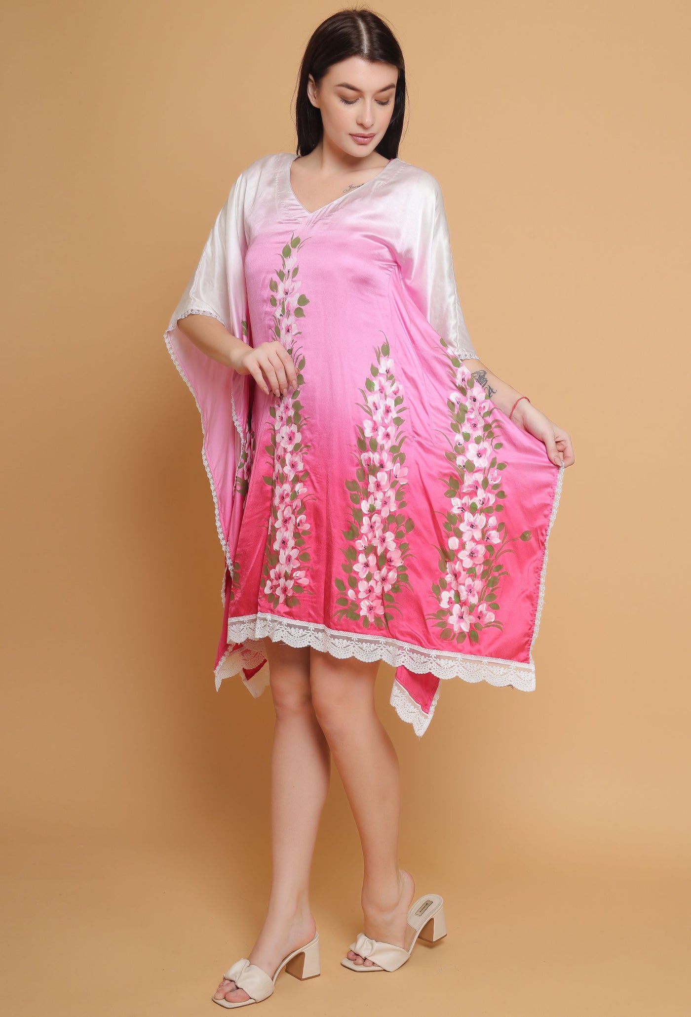 Artistic Hand-Painted Pink Ombre Floral Kaftan by Destiny By Anjali - Pure Upada Silk Elegance with Unique Floral Design and Subtle Ombre Shades of Pink. A Timeless Masterpiece in Women's Fashion