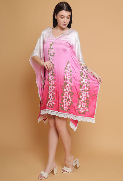 Artistic Hand-Painted Pink Ombre Floral Kaftan by Destiny By Anjali - Pure Upada Silk Elegance with Unique Floral Design and Subtle Ombre Shades of Pink. A Timeless Masterpiece in Women's Fashion