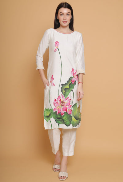 Artistic Hand Painted Floral Kurti Plazzo Set by Destiny By Anjali - Pure Cotton Silk Elegance with Intricate Floral Motifs, Meticulously Crafted, Celebrating Tradition and Timeless Women's Fashion