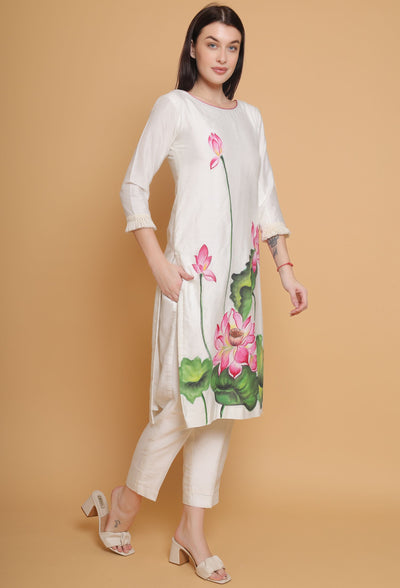 Artistic Hand Painted Floral Kurti Plazzo Set by Destiny By Anjali - Pure Cotton Silk Elegance with Intricate Floral Motifs, Meticulously Crafted, Celebrating Tradition and Timeless Women's Fashion