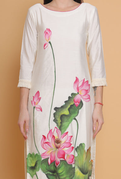 Artistic Hand Painted Floral Kurti Plazzo Set by Destiny By Anjali - Pure Cotton Silk Elegance with Intricate Floral Motifs, Meticulously Crafted, Celebrating Tradition and Timeless Women's Fashion