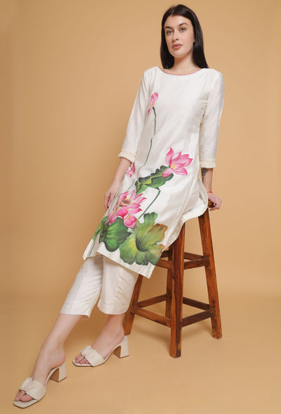 Artistic Hand Painted Floral Kurti Plazzo Set by Destiny By Anjali - Pure Cotton Silk Elegance with Intricate Floral Motifs, Meticulously Crafted, Celebrating Tradition and Timeless Women's Fashion
