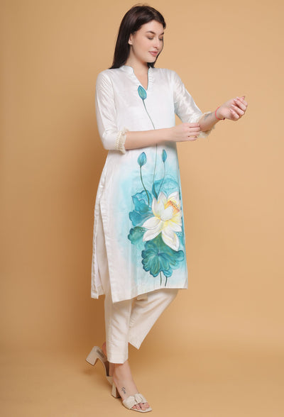 Artistic Hand Painted Floral Kurti Plazzo Set by Destiny By Anjali - Pure Cotton Silk Elegance with Intricate Floral Motifs, Meticulously Crafted, Celebrating Tradition and Timeless Women's Fashion
