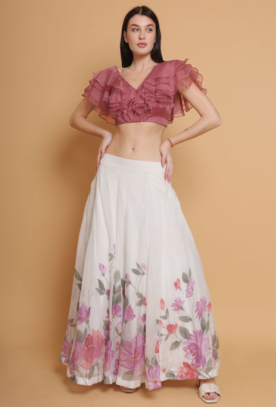 Artistic Hand-Painted Floral Skirt and Dust Rose Ruffle Top Set by Destiny By Anjali - Pure Organza Elegance with Unique Floral Design in Delicate Shades of Pink. Perfect for Special Occasions, Embracing Timeless Women's Fashion