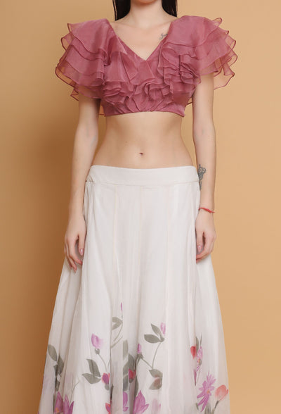 Artistic Hand-Painted Floral Skirt and Dust Rose Ruffle Top Set by Destiny By Anjali - Pure Organza Elegance with Unique Floral Design in Delicate Shades of Pink. Perfect for Special Occasions, Embracing Timeless Women's Fashion
