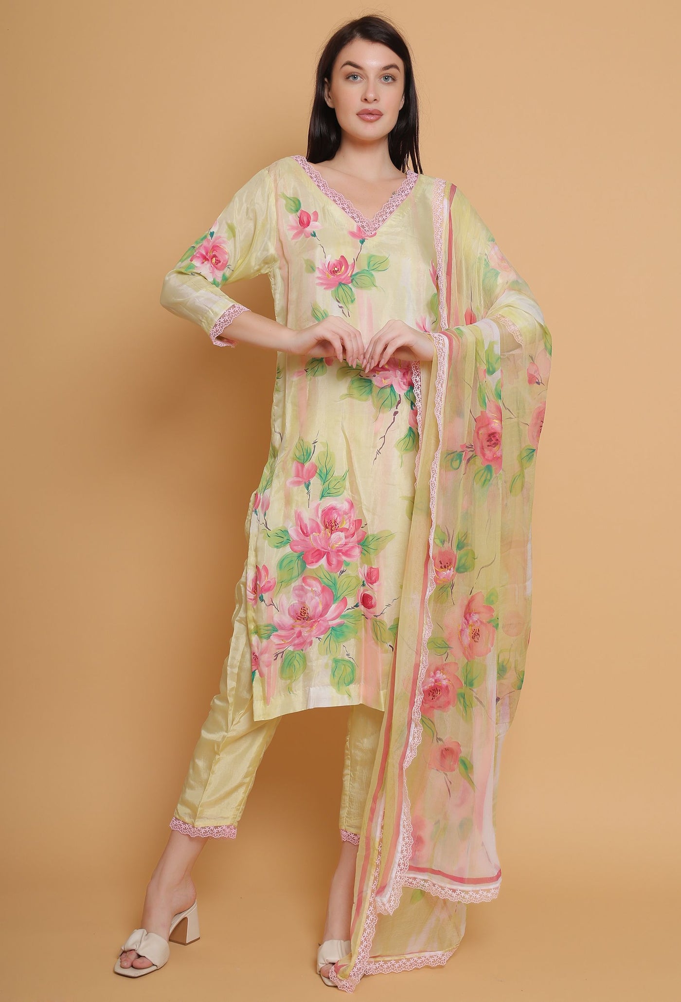 Hand Painted Yellow Floral Suit by Destiny By Anjali - Exquisite Pure Organza Designer Dress with Unique Floral Design, Meticulously Handcrafted, Ideal for Traditional Women's Fashion