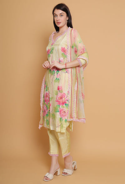 Hand Painted Yellow Floral Suit by Destiny By Anjali - Exquisite Pure Organza Designer Dress with Unique Floral Design, Meticulously Handcrafted, Ideal for Traditional Women's Fashion