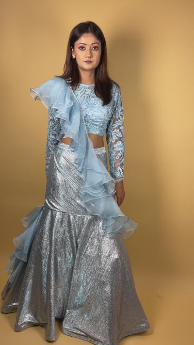 Sky Blue Mermaid Lehenga Set With Embroidered Net Top and Ruffle Dupatta